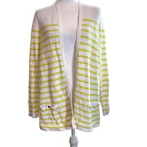 Lands End Women Open Cardigan Yellow White Stripe Sz 1X Linen Cotton Coastal